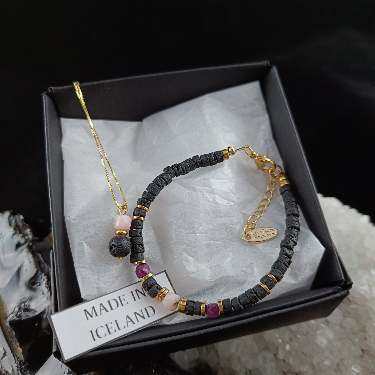 Ruby and Rose Quartz Lava Jewelry set - Necklace and Bracelet - Iceland Lava Jewelry