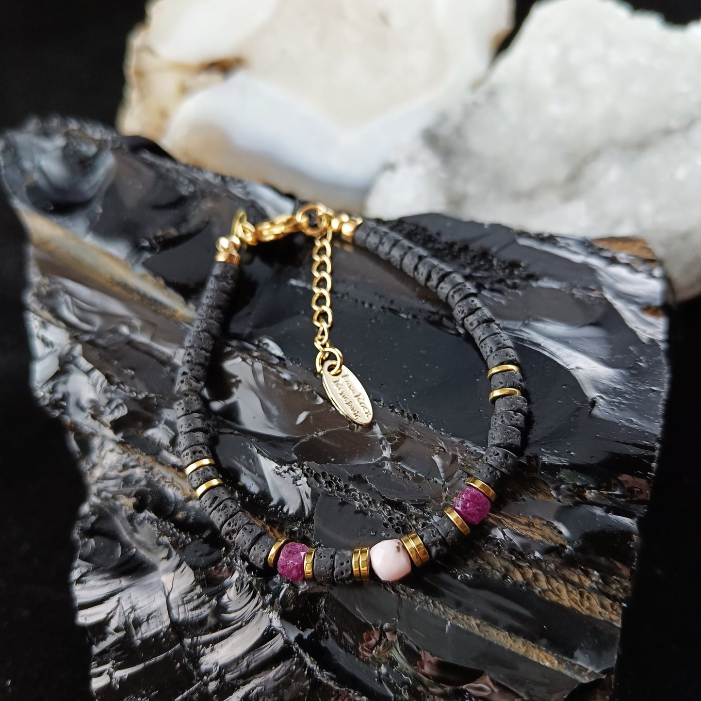 Gold Ruby and Rose Quartz Lava Bracelet