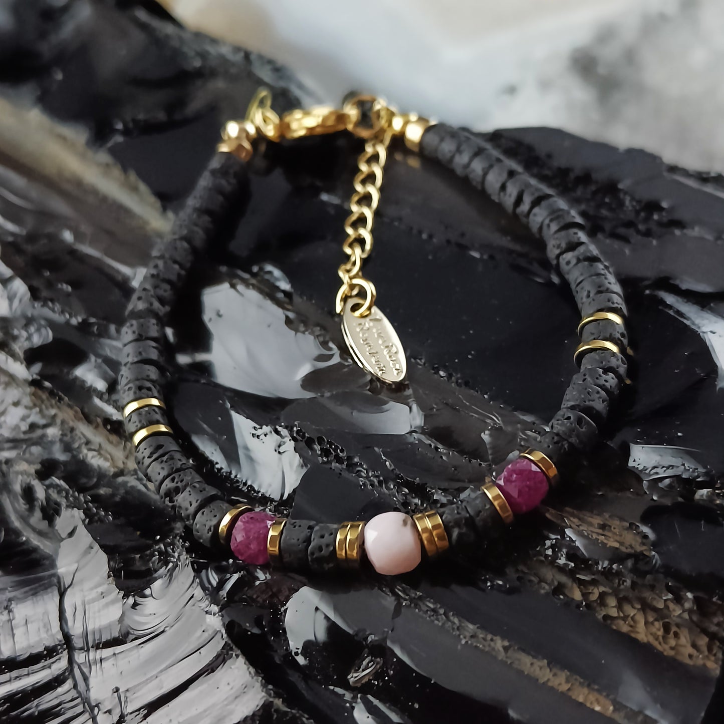Ruby and Rose Quartz Lava Jewelry set - Necklace and Bracelet - Iceland Lava Jewelry