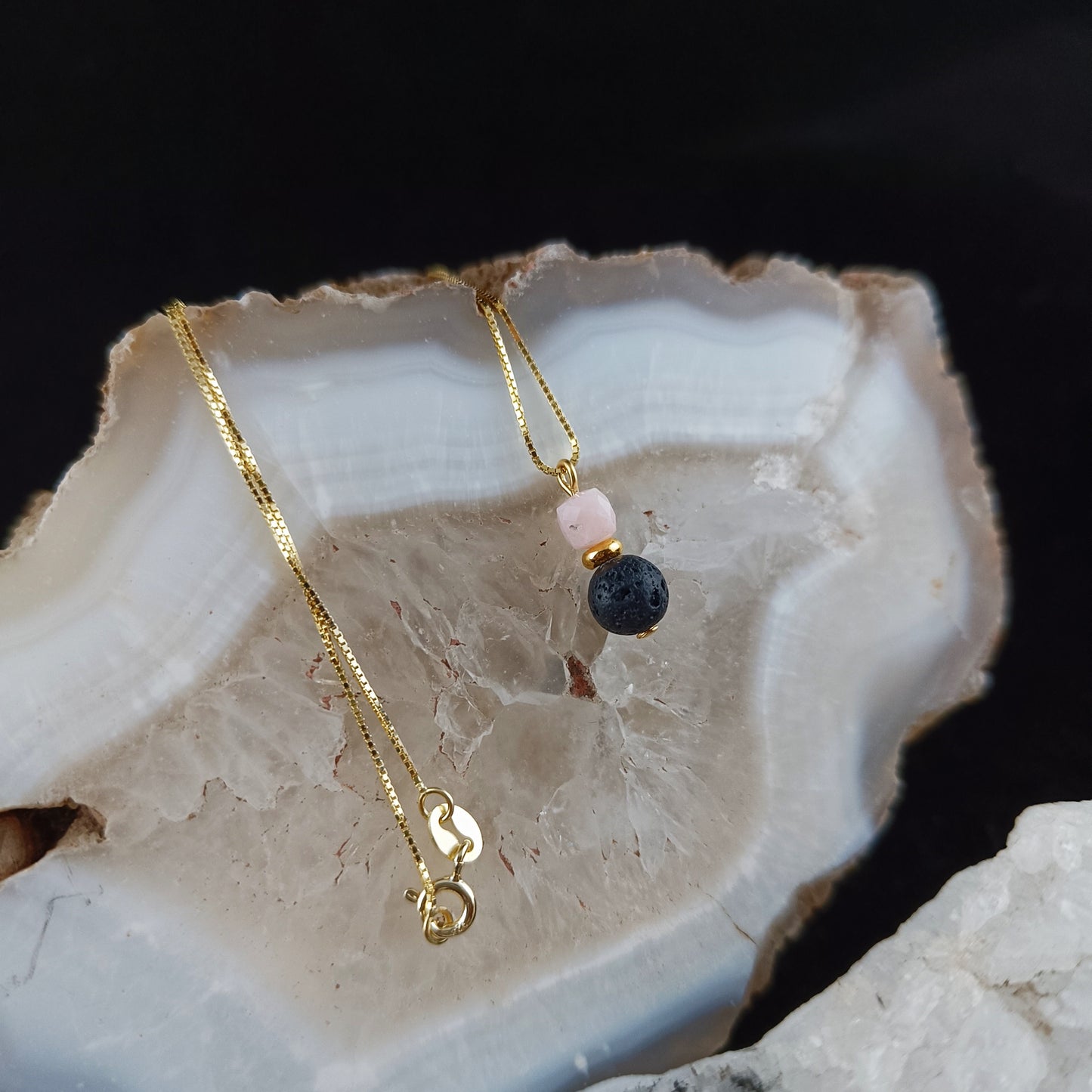 Ruby and Rose Quartz Lava Jewelry set - Necklace and Bracelet - Iceland Lava Jewelry