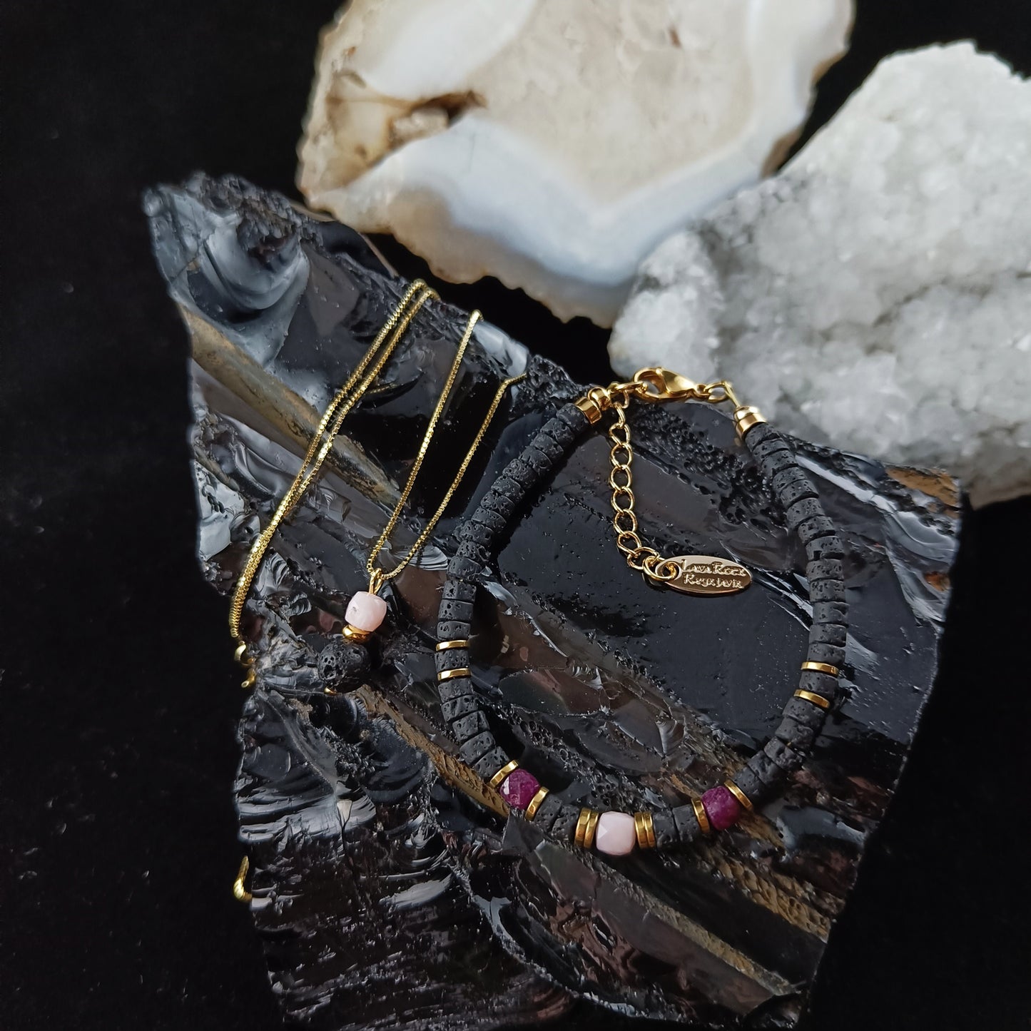 Ruby and Rose Quartz Lava Jewelry set - Necklace and Bracelet - Iceland Lava Jewelry