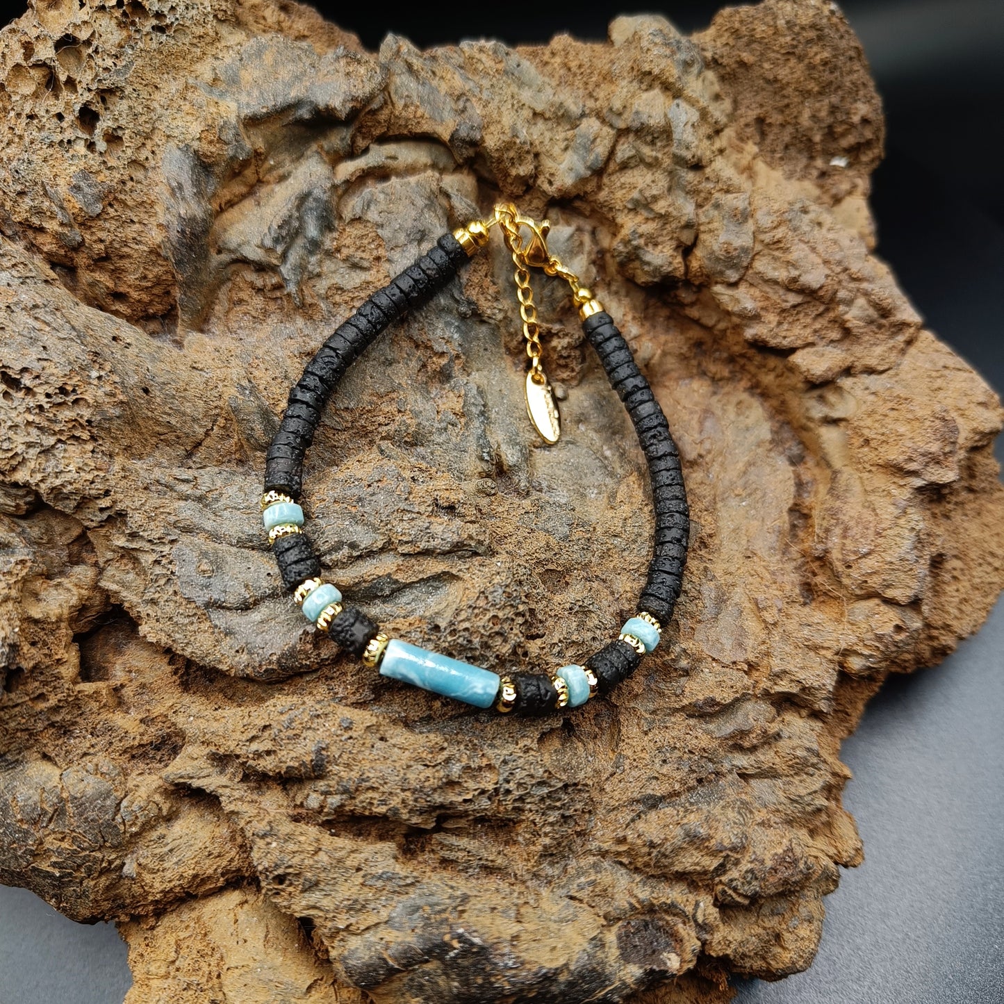 Aqua-Terra Jasper Stone Bracelet with Thin Cut Lava Stones