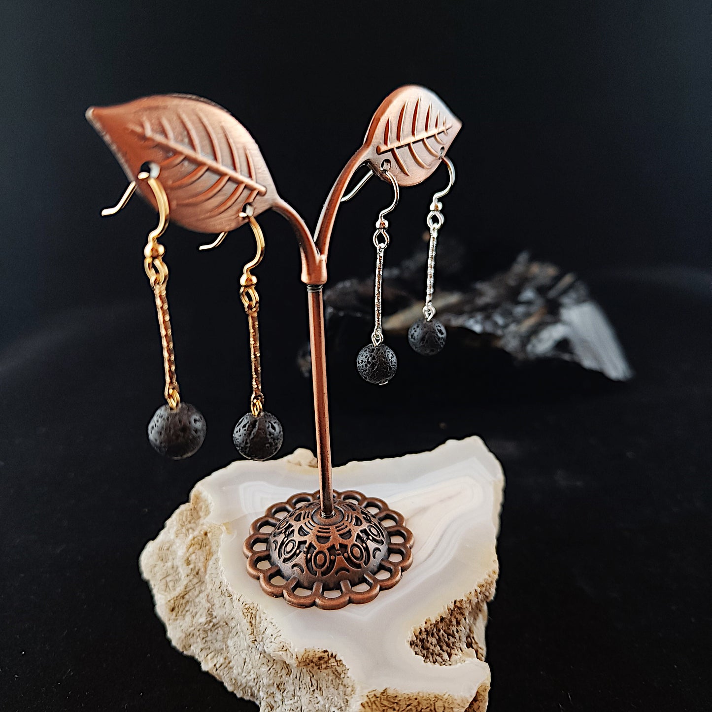 Golden and Silver Long Drop Lava Earrings