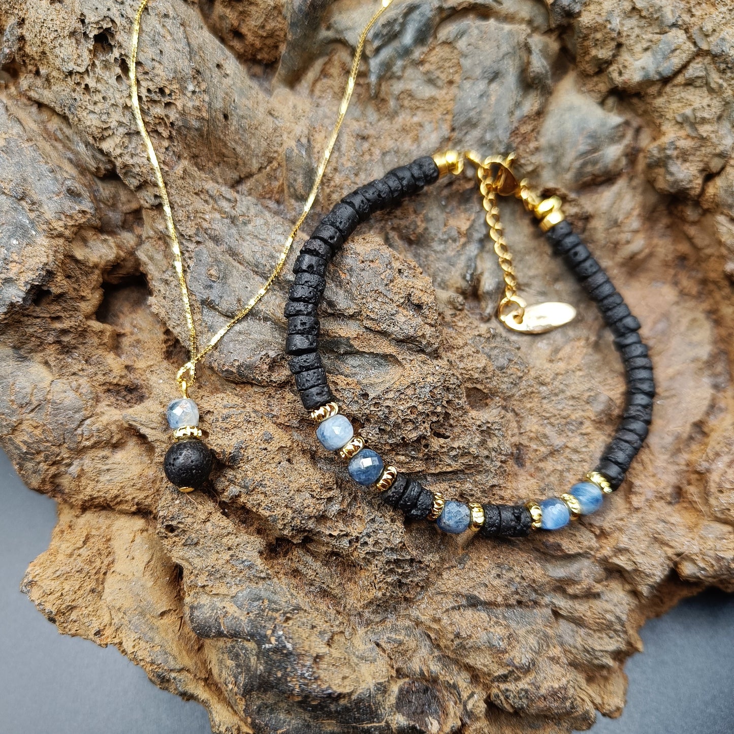 Devil Blue Aquamarine and Lava Jewelry set