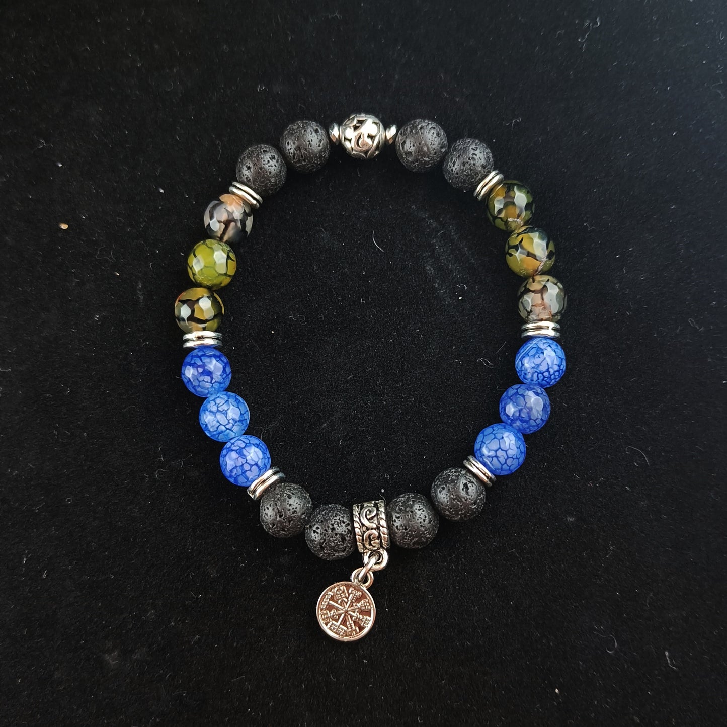 Dragon Veins Agate and Vegvísir Bracelet - blue and dark khaki with Vegvísir charm