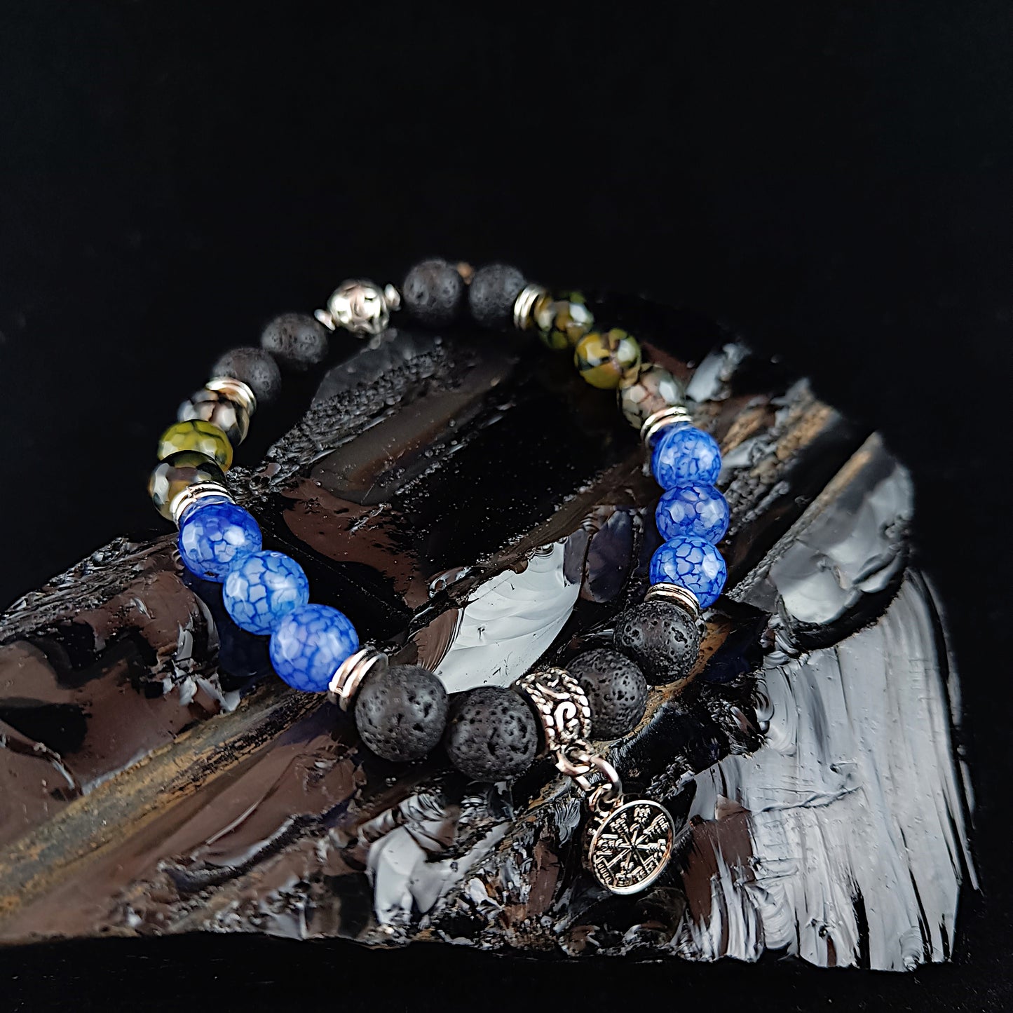 Dragon Veins Agate and Vegvísir Bracelet - blue and dark khaki with Vegvísir charm