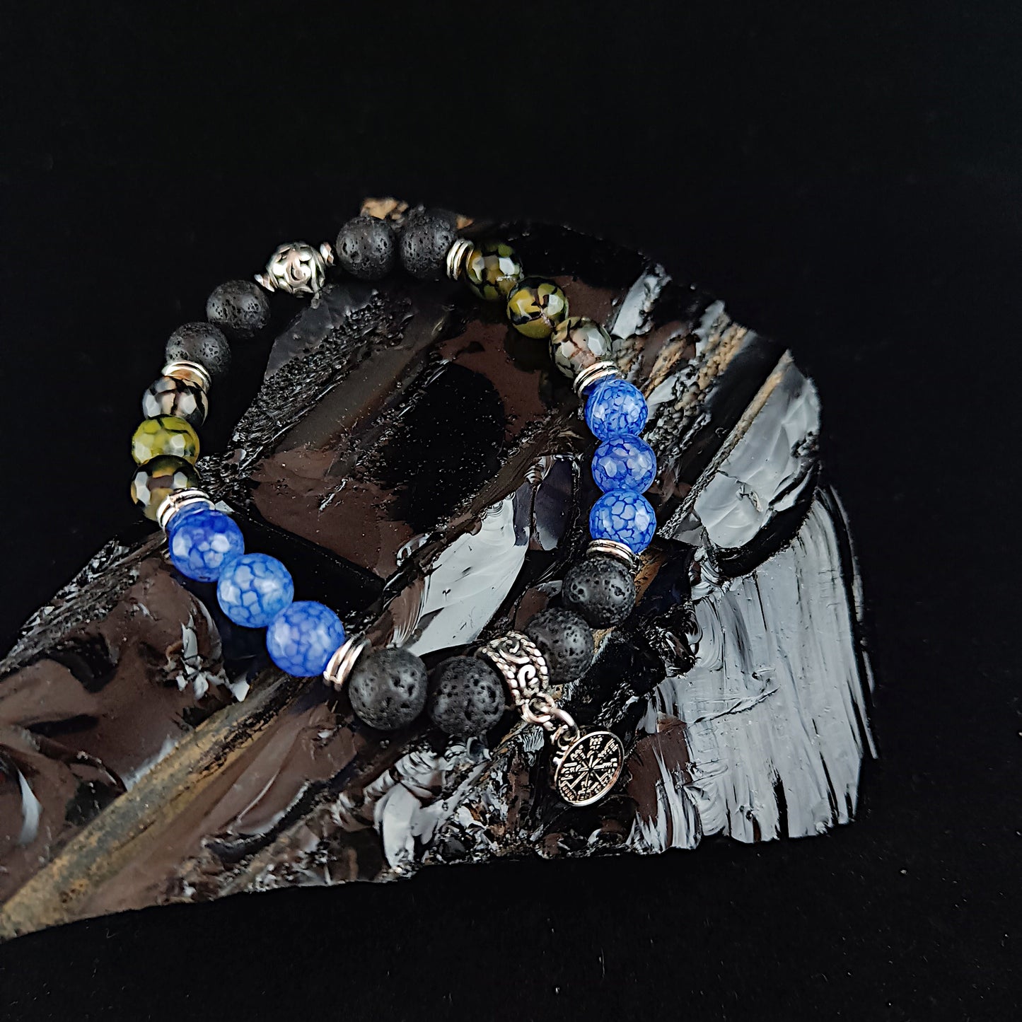 Dragon Veins Agate and Vegvísir Bracelet - blue and dark khaki with Vegvísir charm