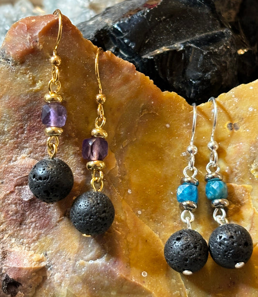 Gemstone Cube and Lava Earrings - Golden and Silver