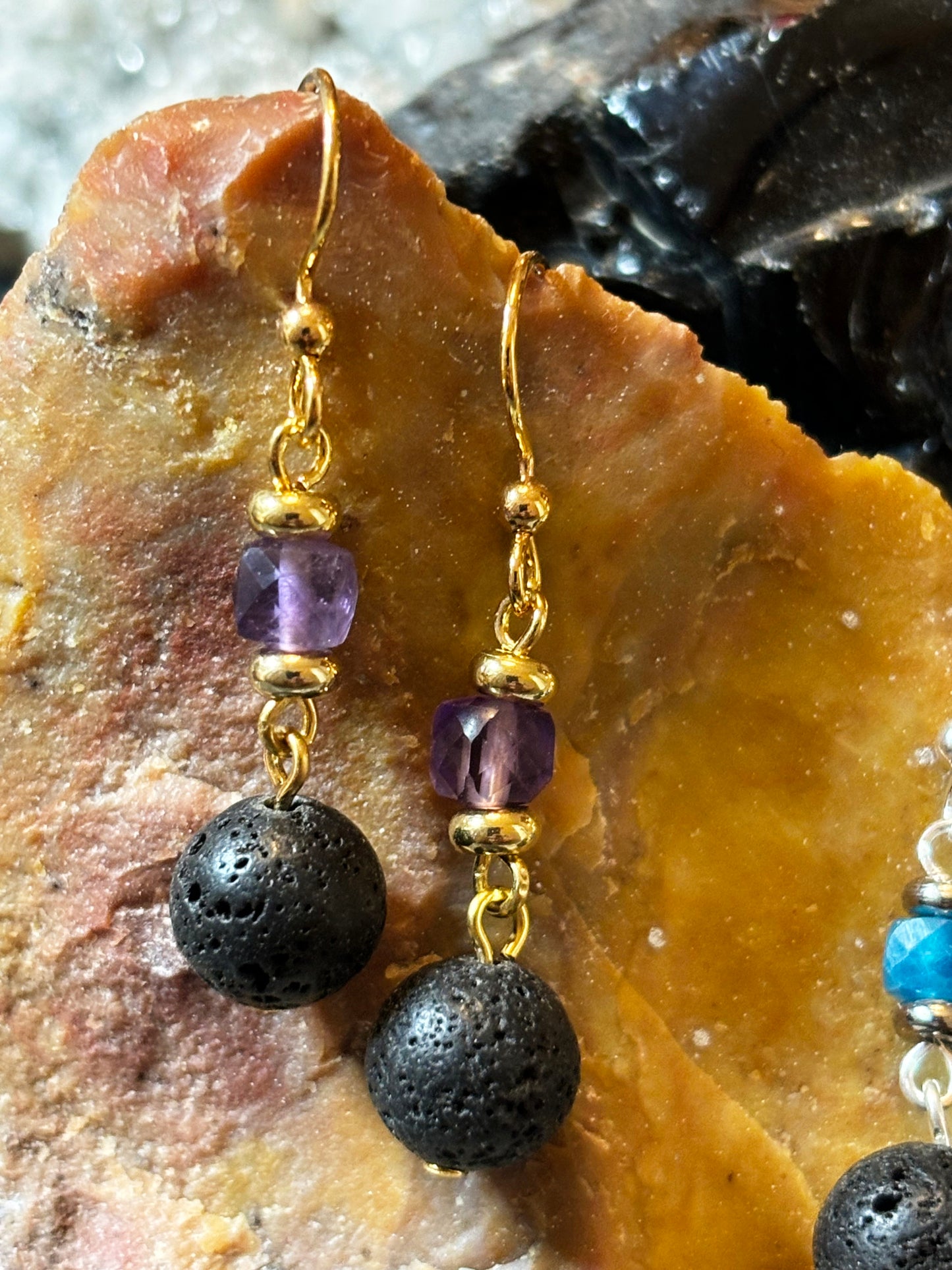 Gemstone Cube and Lava Earrings - Golden and Silver