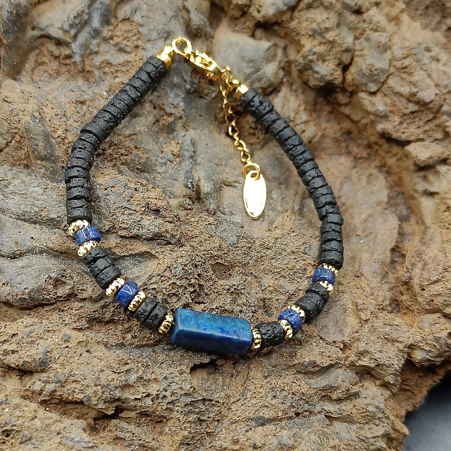 Lapis Lazuli Stone Bracelet with Thin Cut Lava