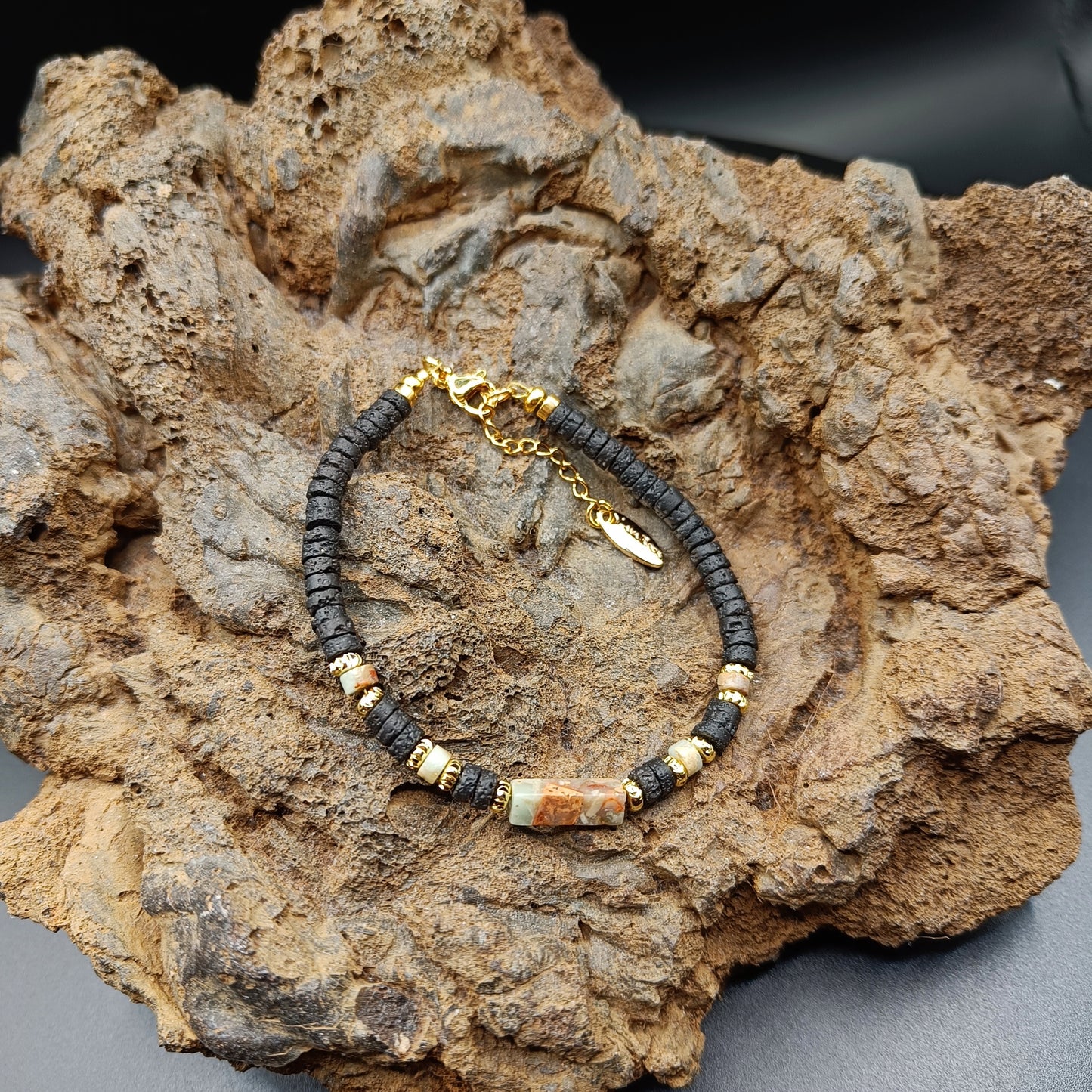 Larimar Earth Stone Bracelet with Thin Cut Lava