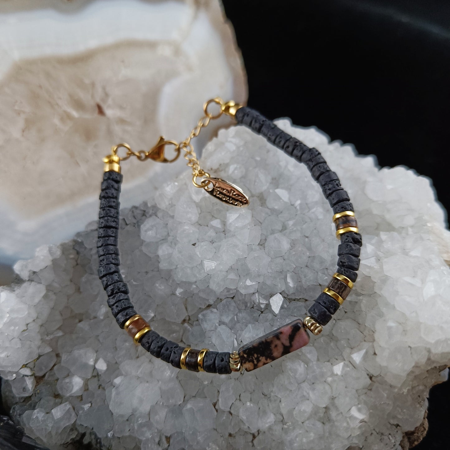 LavaRockReykjavik - Golden Rhodonite Stone Bracelet & Earrings Set