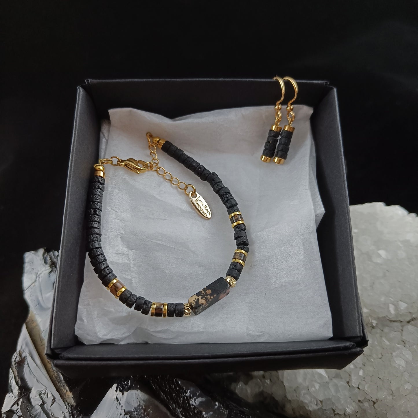 LavaRockReykjavik - Golden Rhodonite Stone Bracelet & Earrings Set