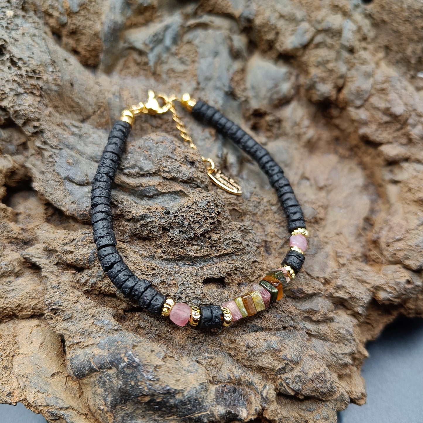Tourmaline mixed color shards and lava Stone Bracelet