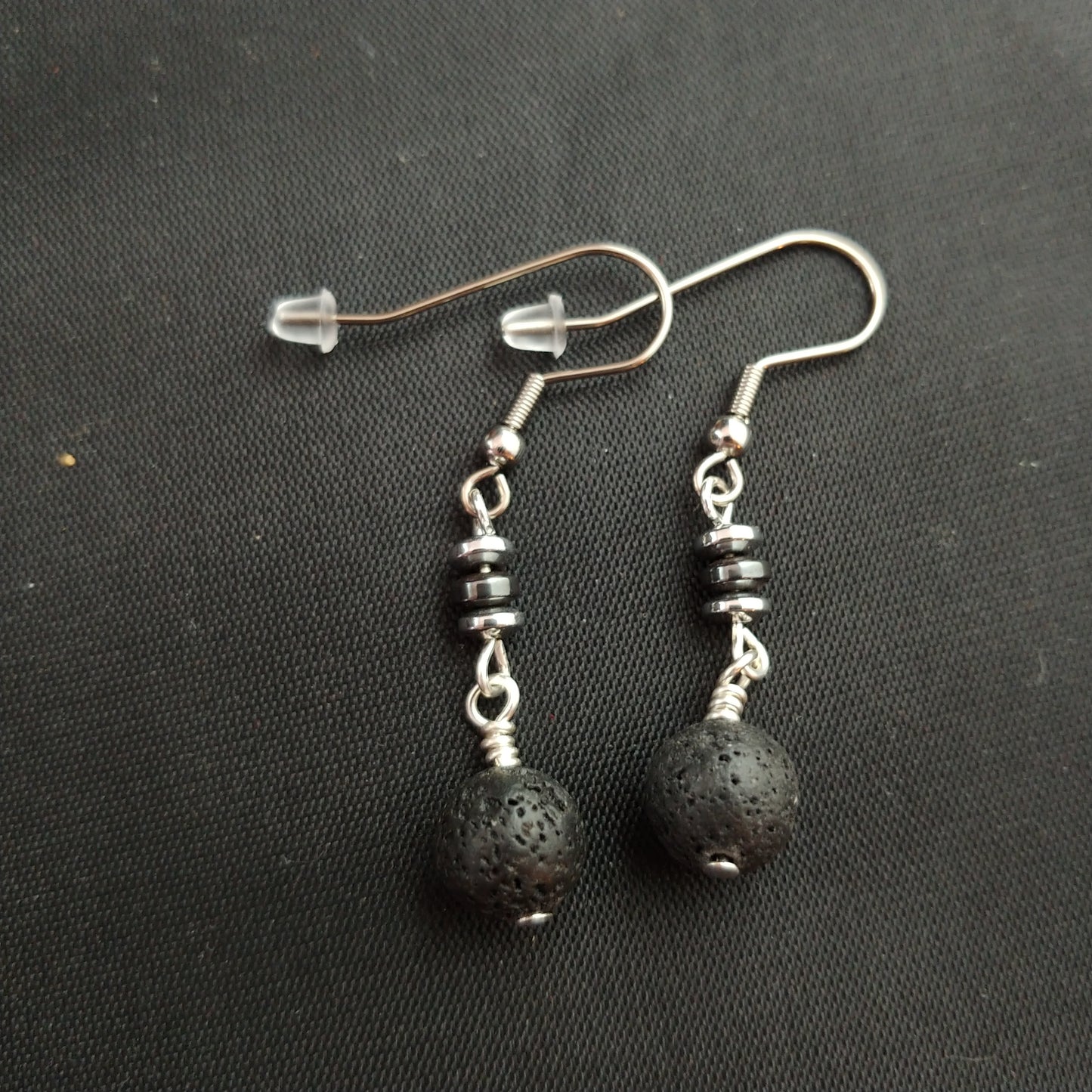 Lava and Hematite Dangle Earrings
