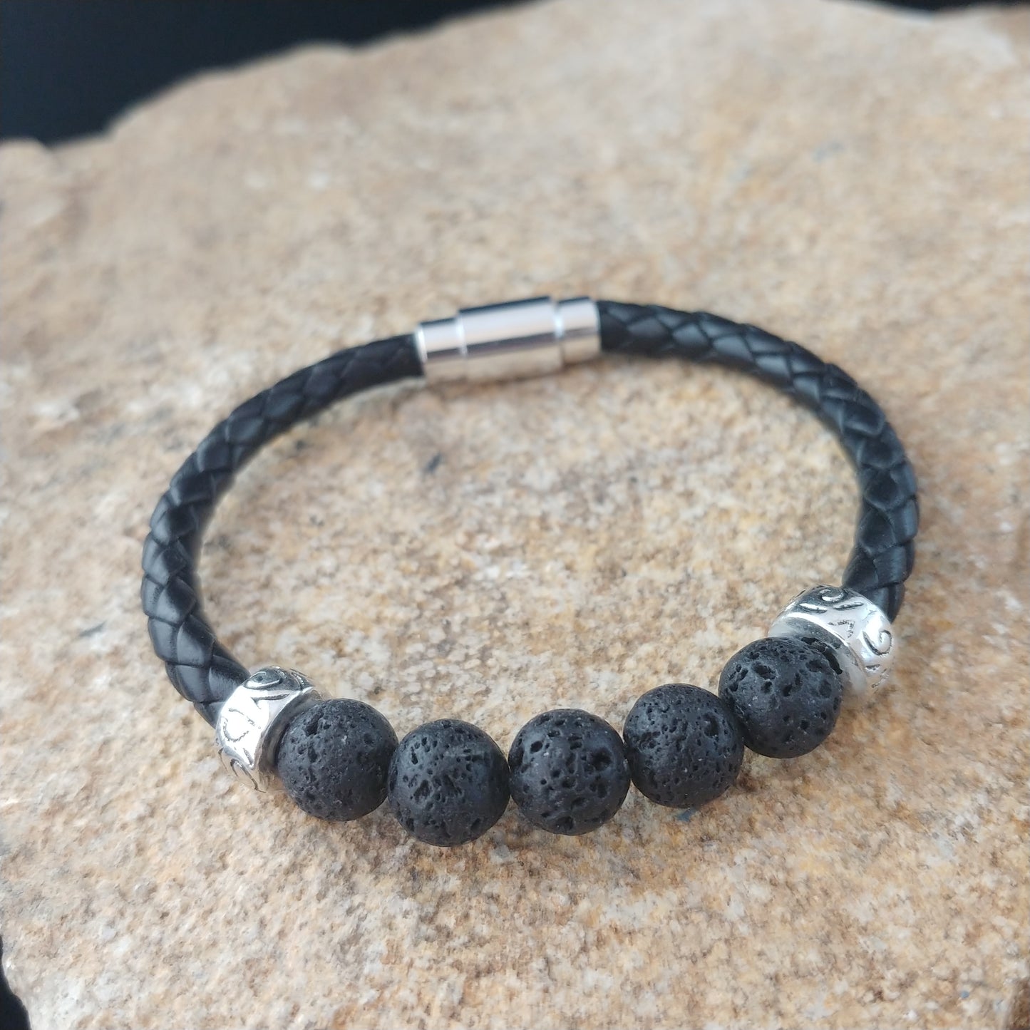 Icelandic Braided Leather and Lava Bracelet