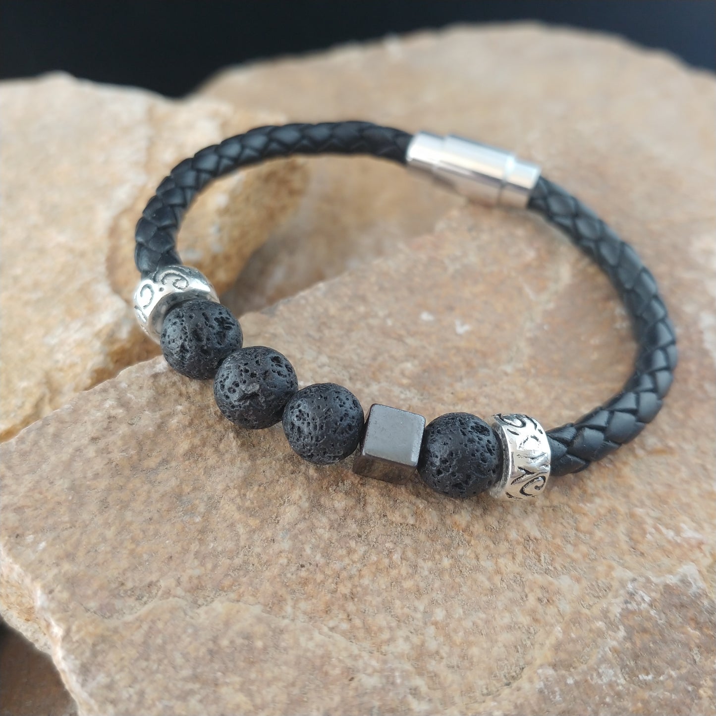Icelandic Braided Leather and Lava Bracelet