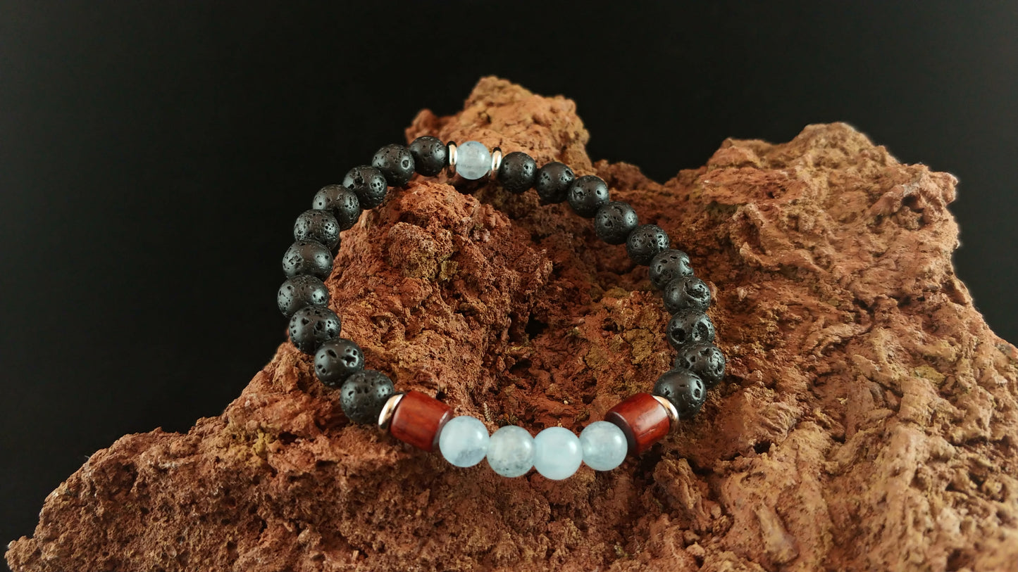 Aquamarine and Rose Quartz Lava and Wood Bracelets