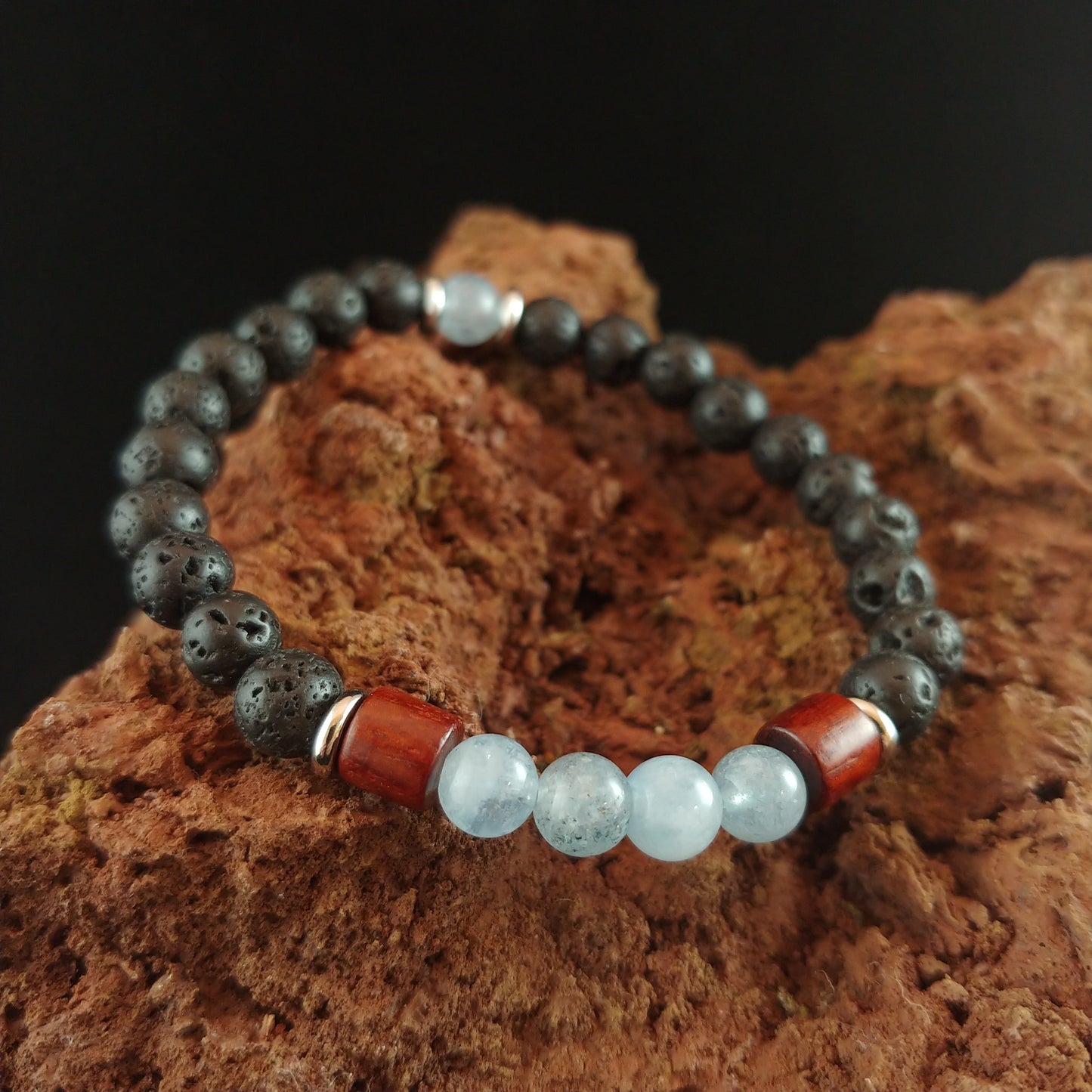 Aquamarine and Rose Quartz Lava and Wood Bracelets