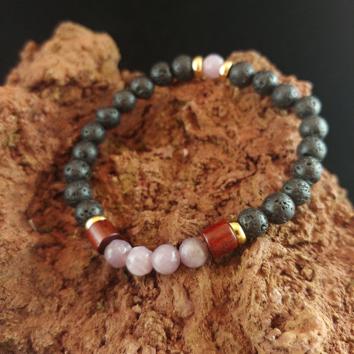 Aquamarine and Rose Quartz Lava and Wood Bracelets