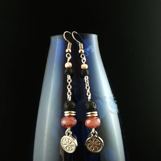 Long Ægishjálmur - Helm of Awe - Lava Rock Earrings with Pink Picasso Beads - Icelandic Jewelry