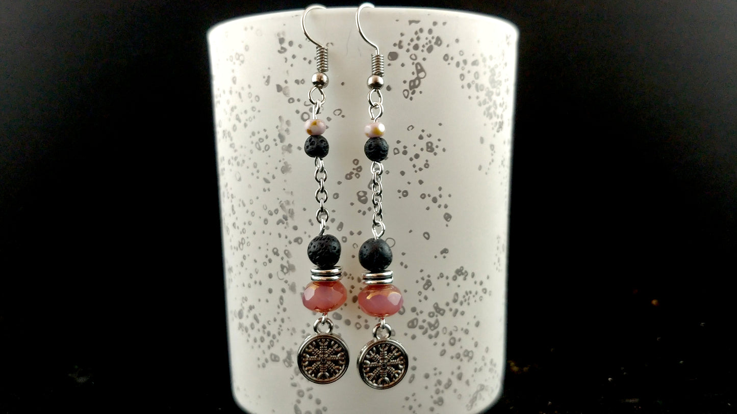 Long Ægishjálmur - Helm of Awe - Lava Rock Earrings with Pink Picasso Beads - Icelandic Jewelry