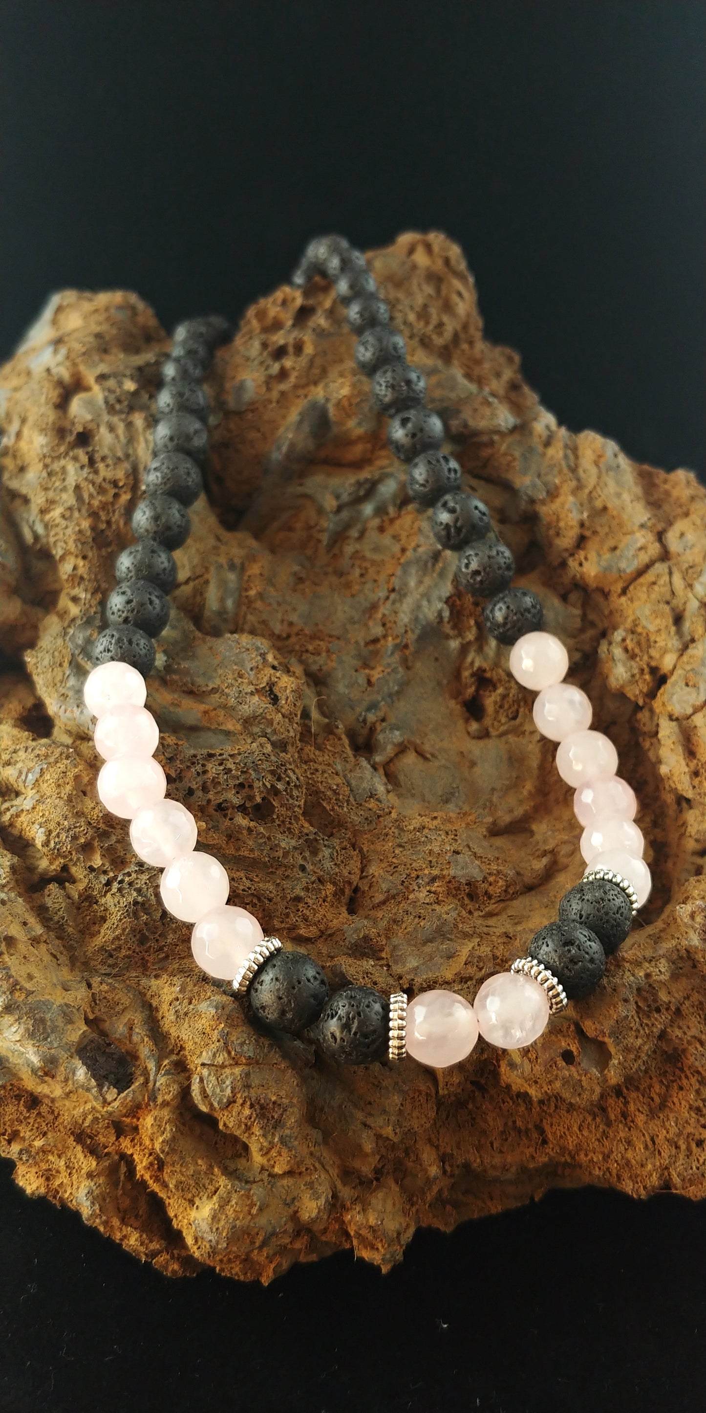 Pink Rose Quartz Necklace with Lava Rock Beads