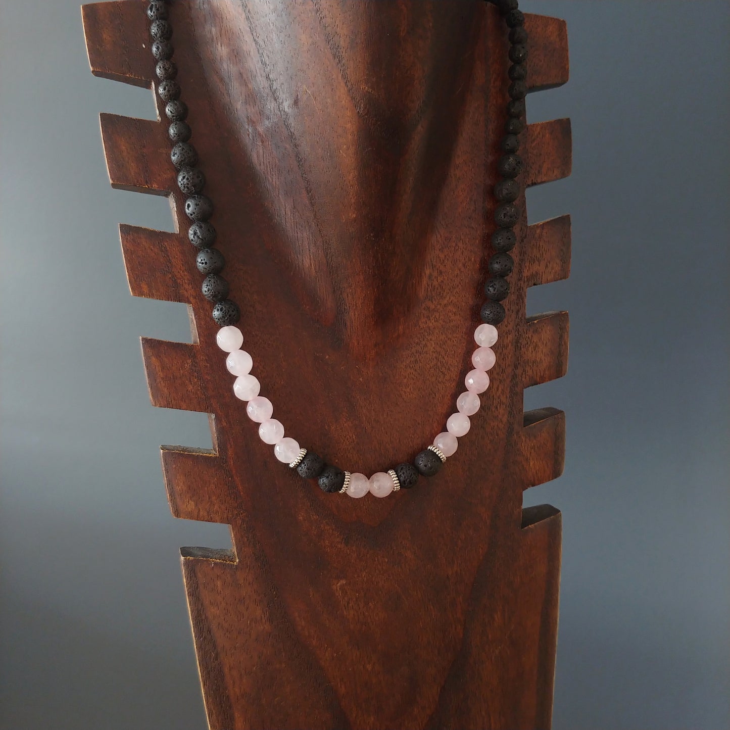 Pink Rose Quartz Necklace with Lava Rock Beads