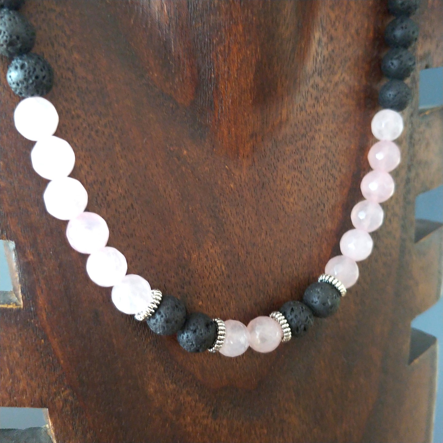 Pink Rose Quartz Necklace with Lava Rock Beads