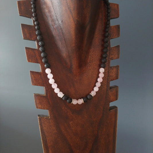 Pink Rose Quartz Necklace with Lava Rock Beads