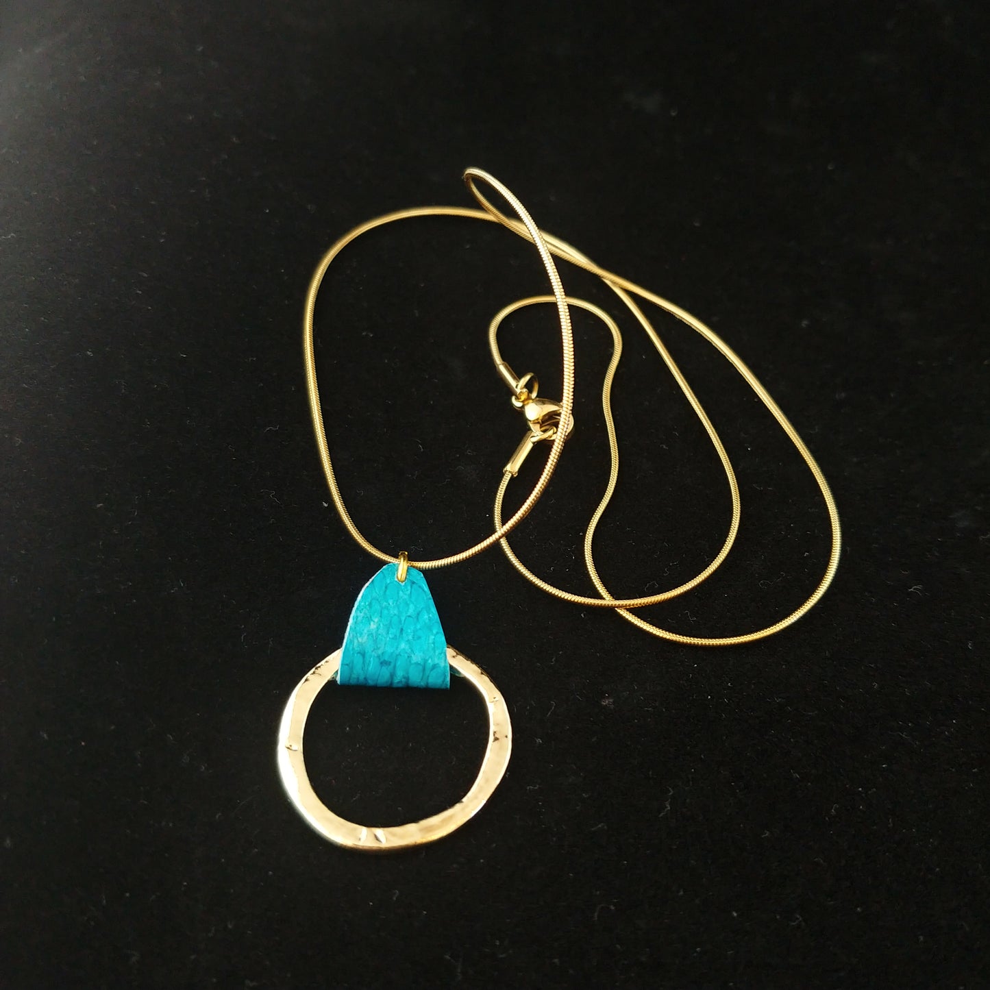 Blue Salmon Leather Golden Circle Necklace - Icelandic Fish Leather Jewelry - Handmade in Iceland