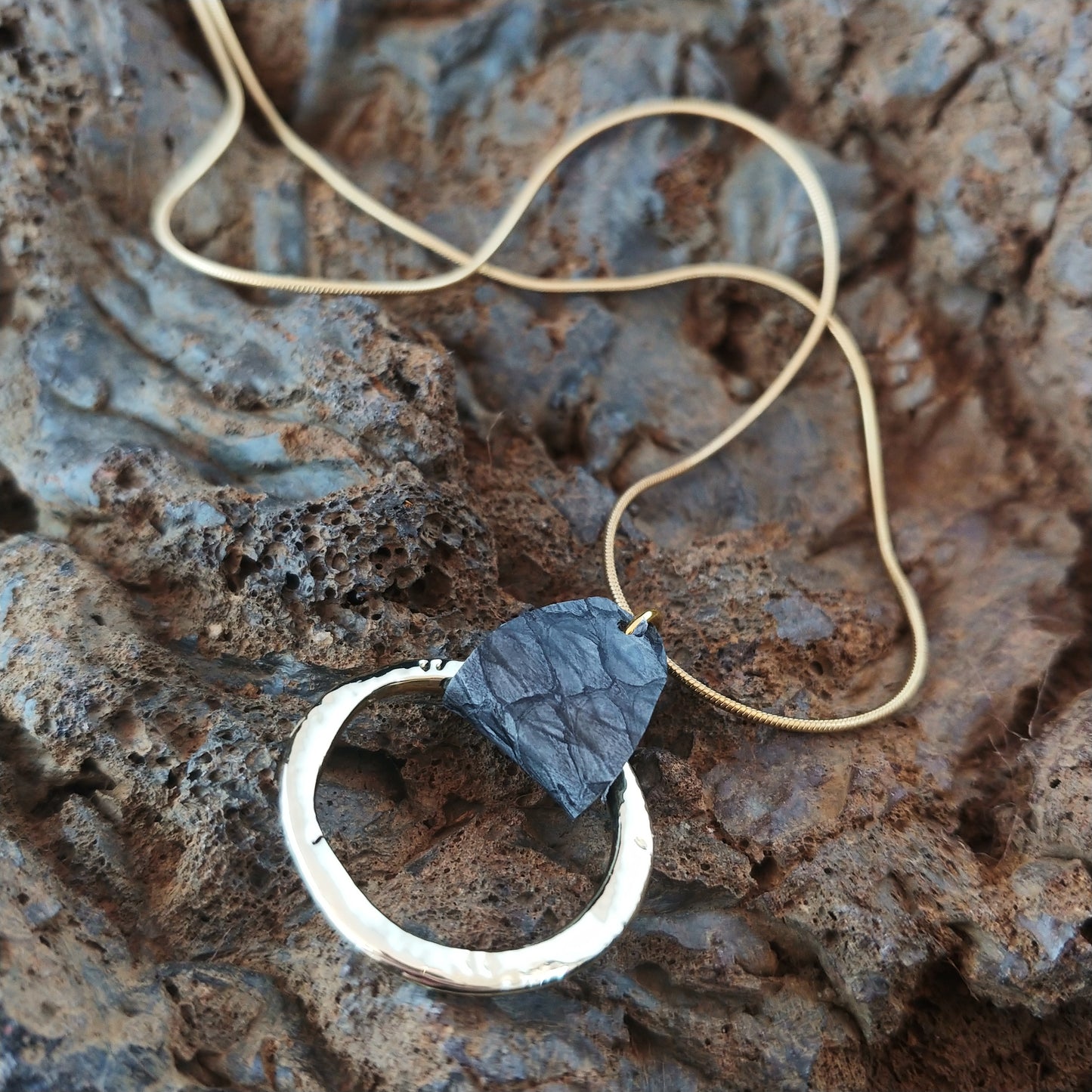 Gray Salmon Leather Golden Circle Necklace - Icelandic Fish Leather Jewelry - Handmade in Iceland