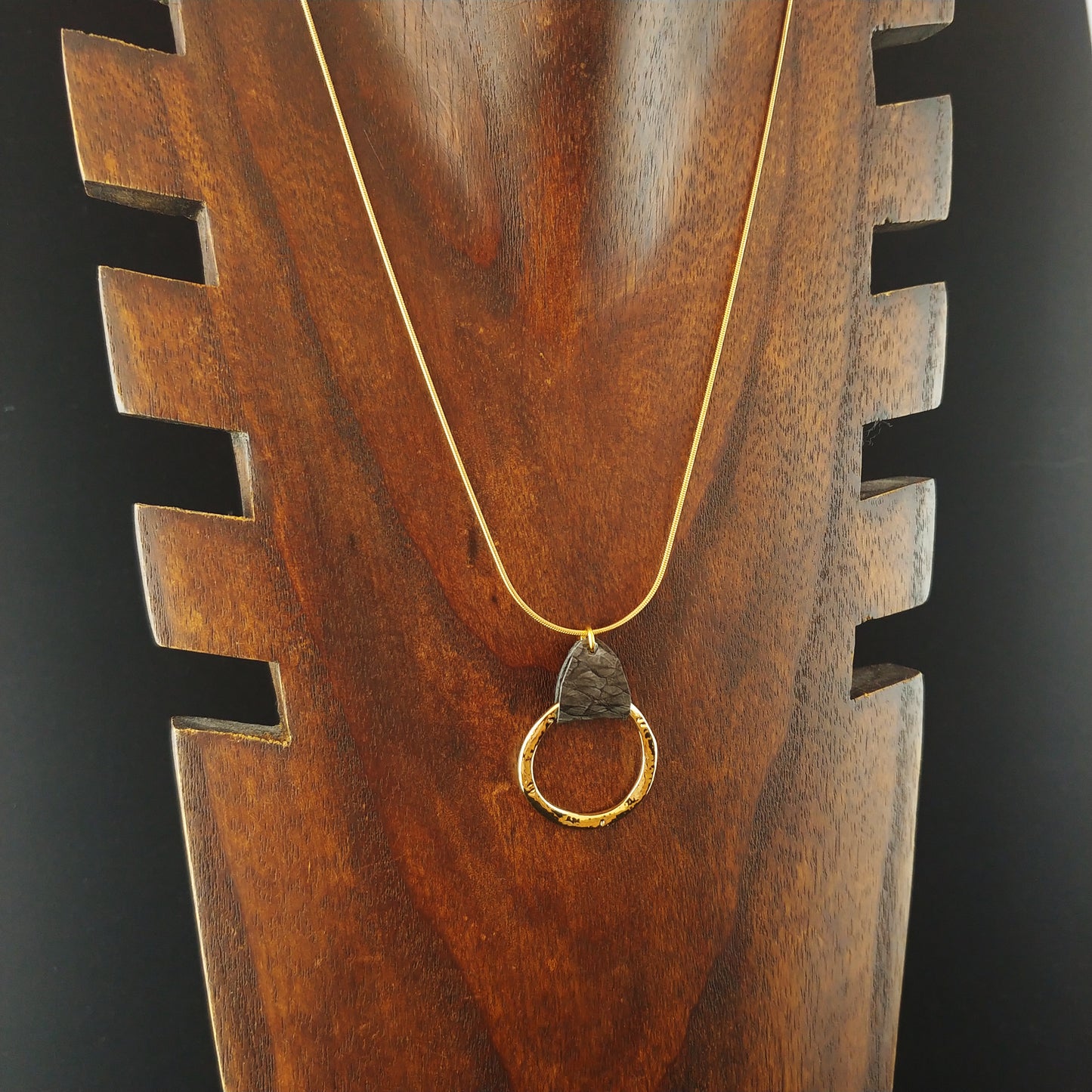 Gray Salmon Leather Golden Circle Necklace - Icelandic Fish Leather Jewelry - Handmade in Iceland