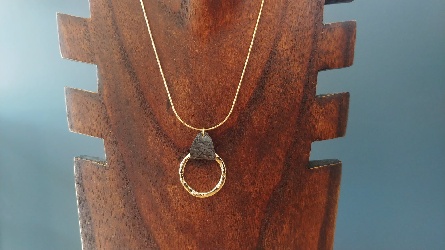 Gray Salmon Leather Golden Circle Necklace - Icelandic Fish Leather Jewelry - Handmade in Iceland