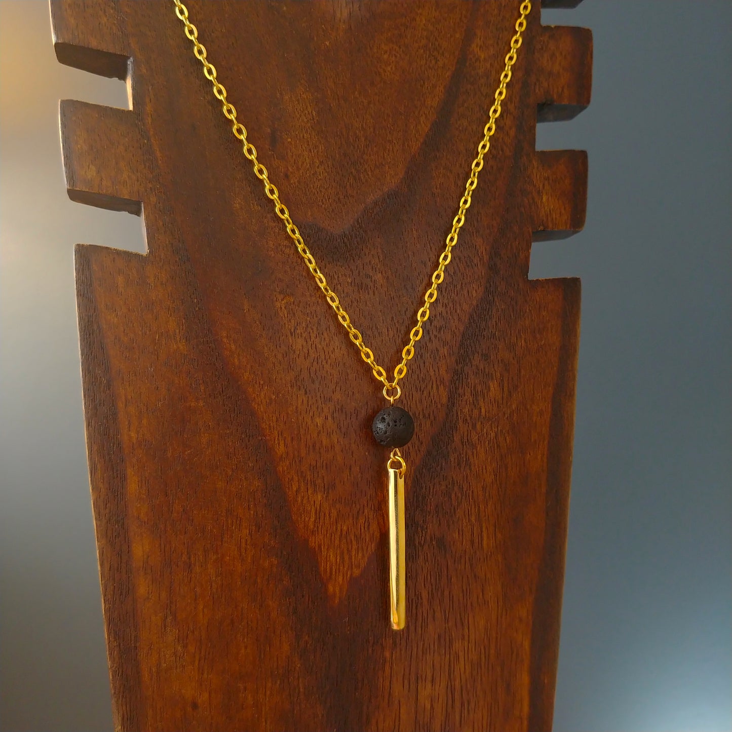 Lava and Gold Bar Pendant - Stainless Steel Necklace