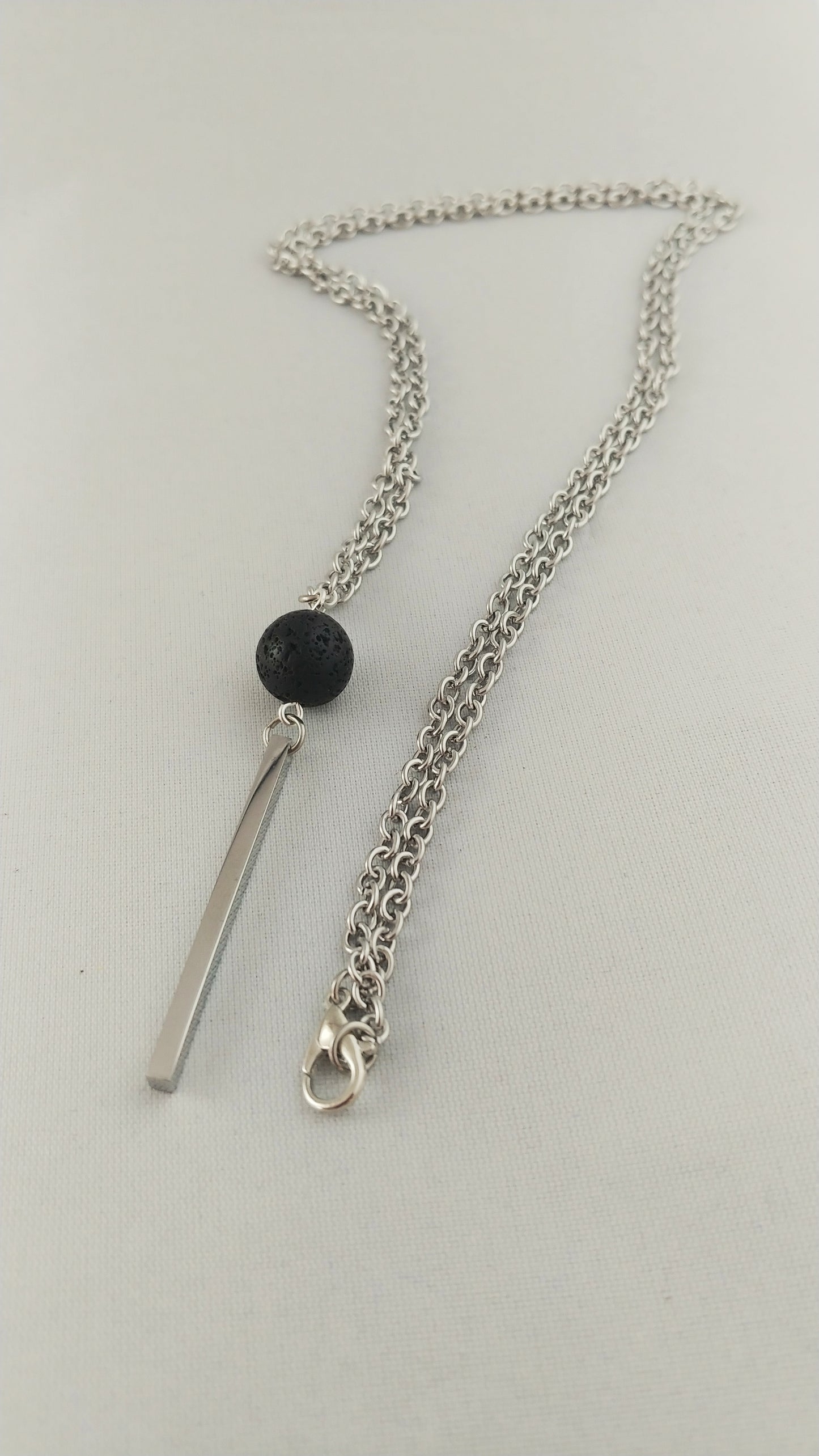 Lava and Silver Bar Pendant - Stainless Steel Necklace