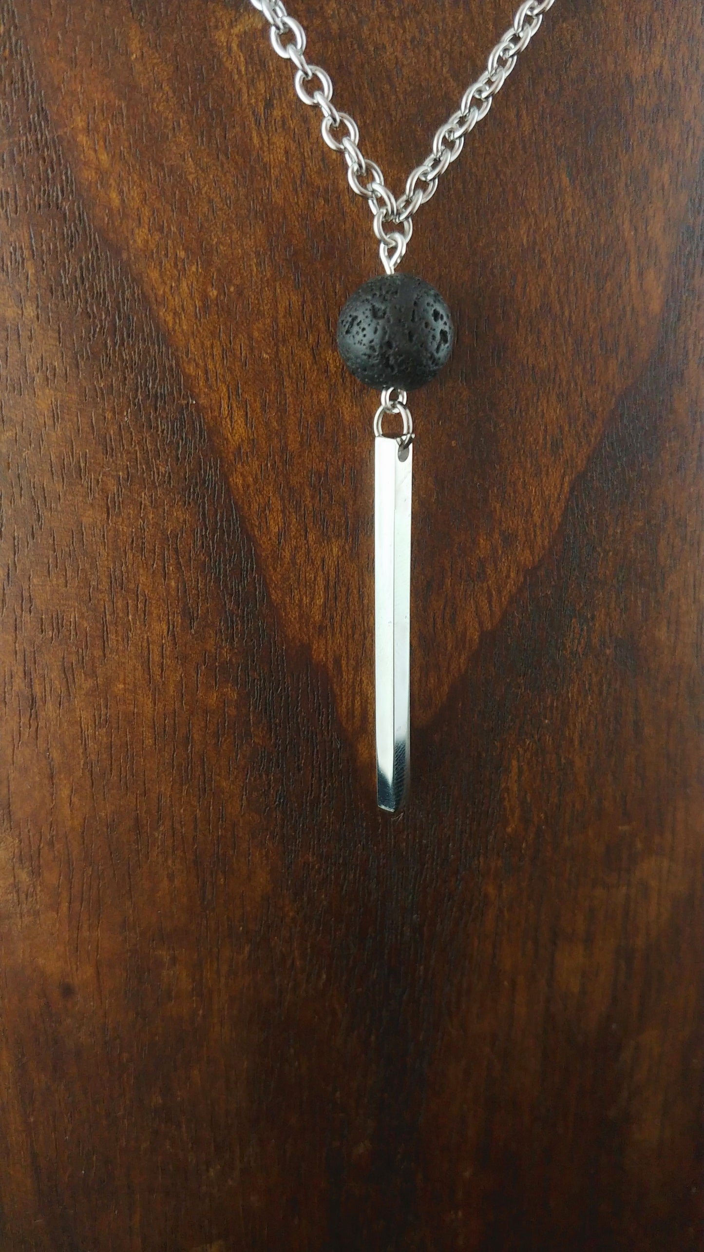 Lava and Silver Bar Pendant - Stainless Steel Necklace