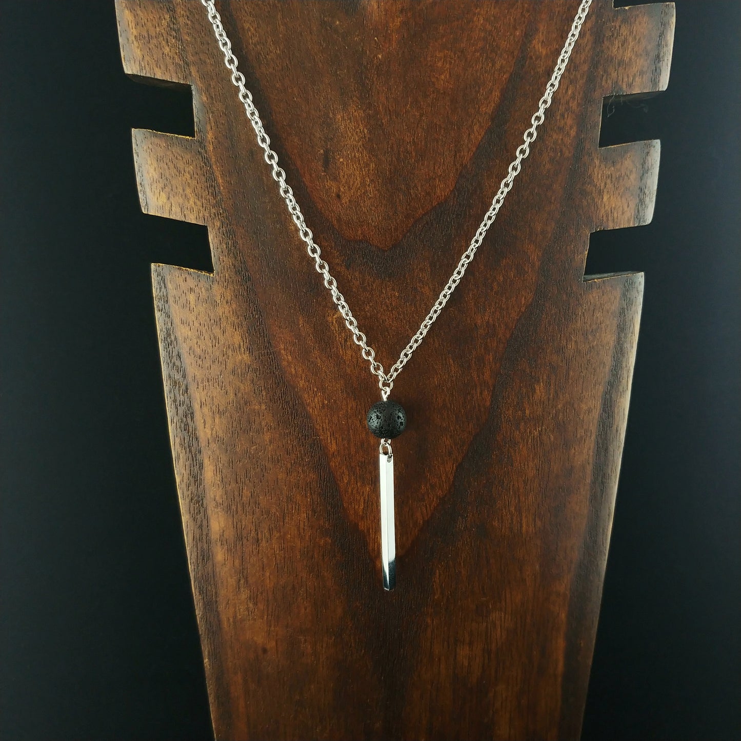 Lava and Silver Bar Pendant - Stainless Steel Necklace