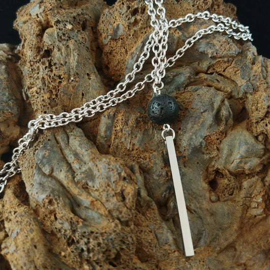 Lava and Silver Bar Pendant - Stainless Steel Necklace