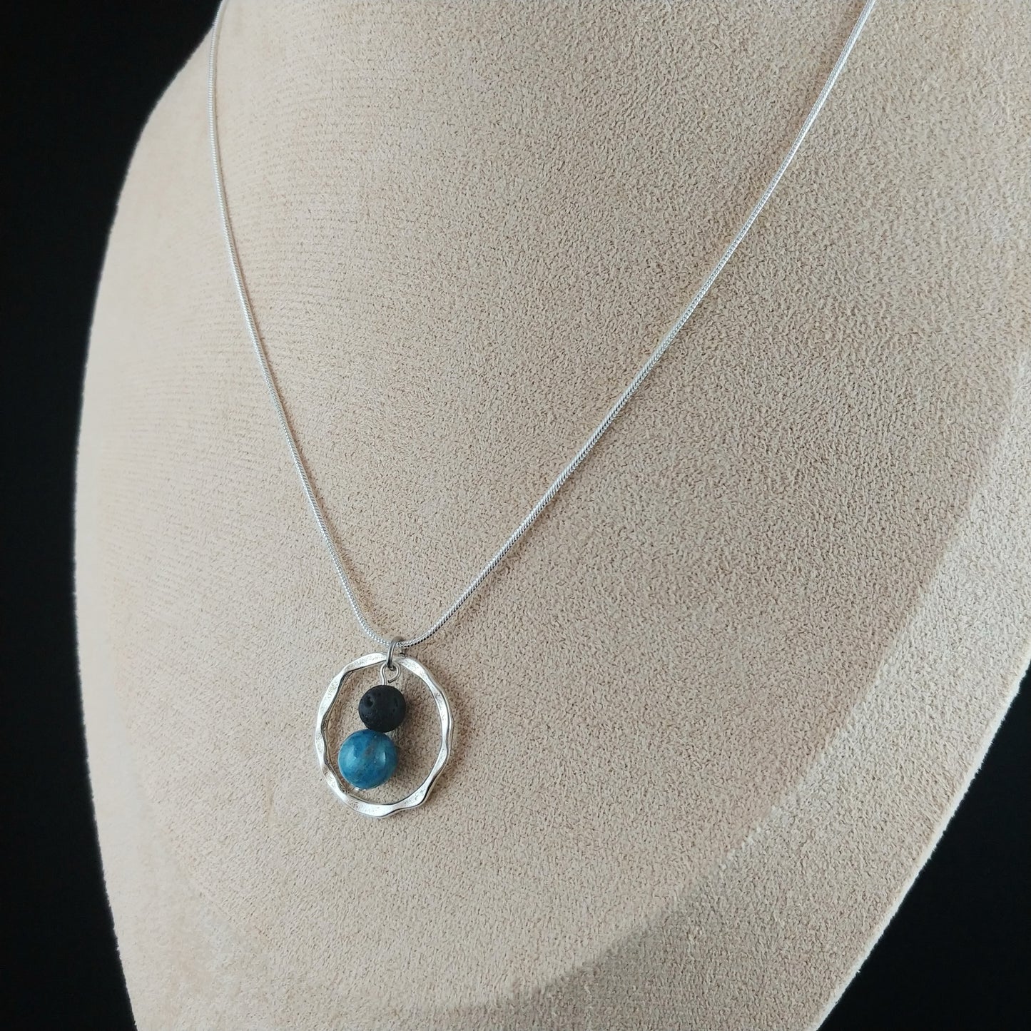 Hammered Silver Circle Necklace with Lava Rock and Blue Natural Apatite