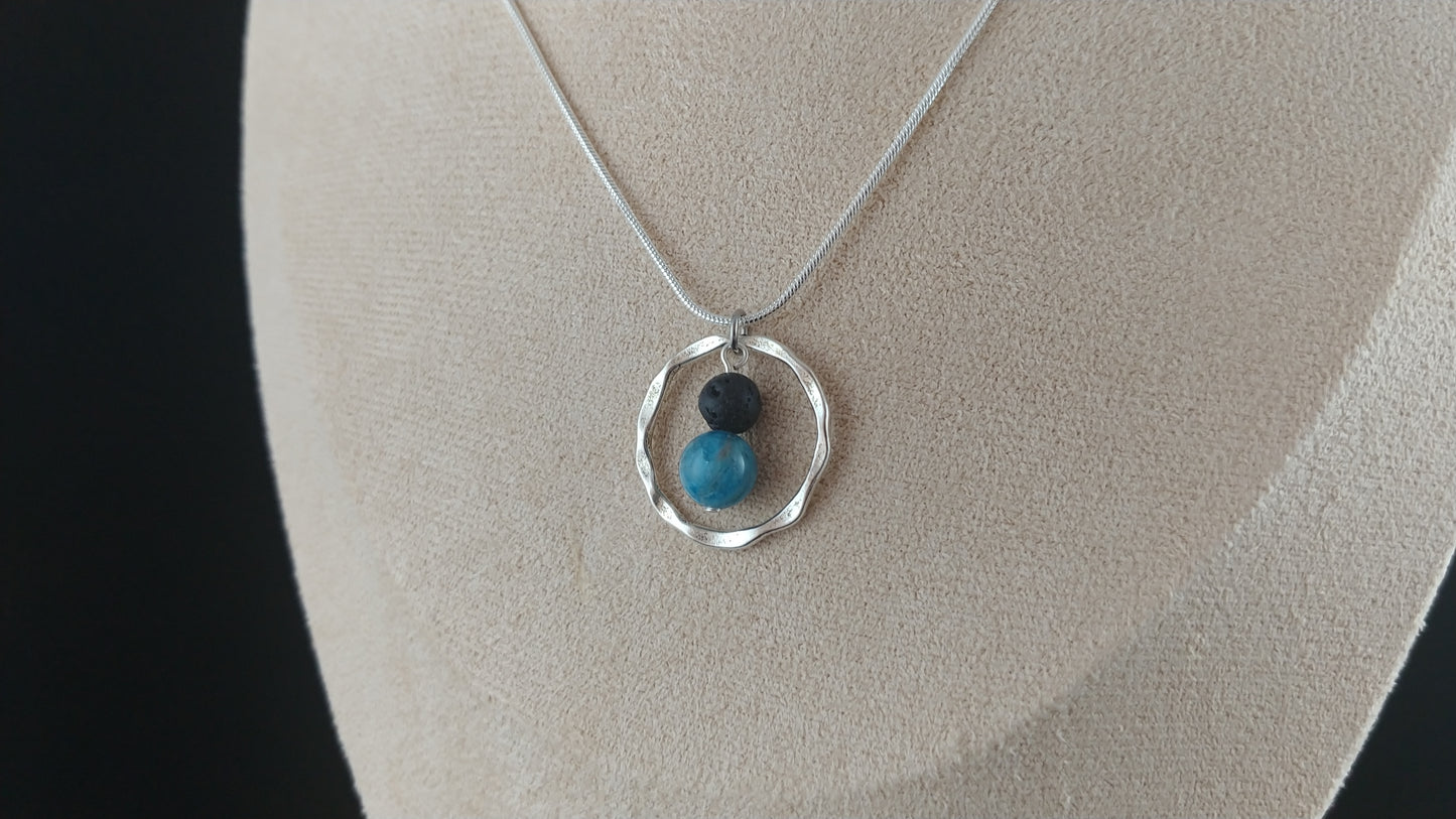 Hammered Silver Circle Necklace with Lava Rock and Blue Natural Apatite