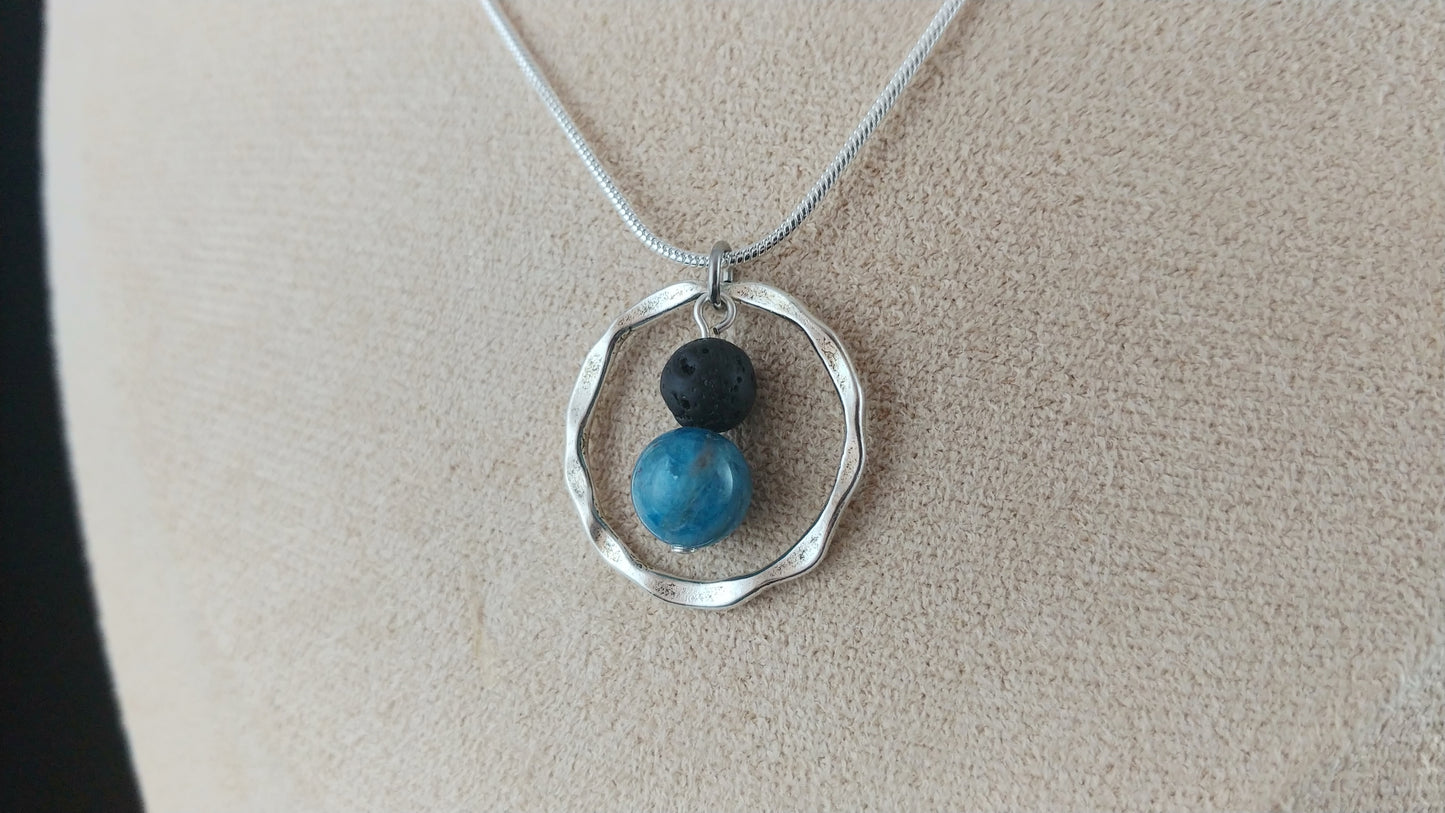 Hammered Silver Circle Necklace with Lava Rock and Blue Natural Apatite