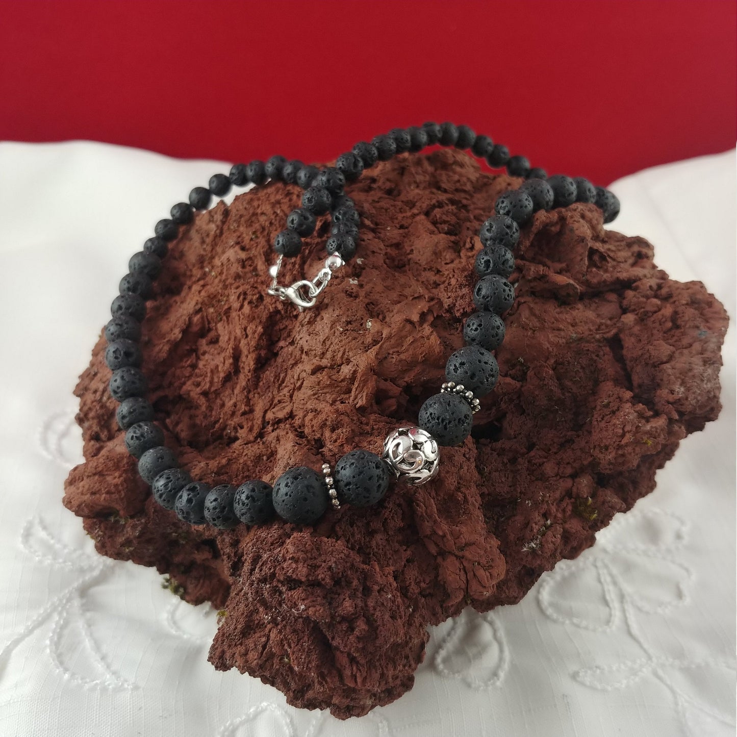 Lava Stone Necklace with Tibetan Silver Charm