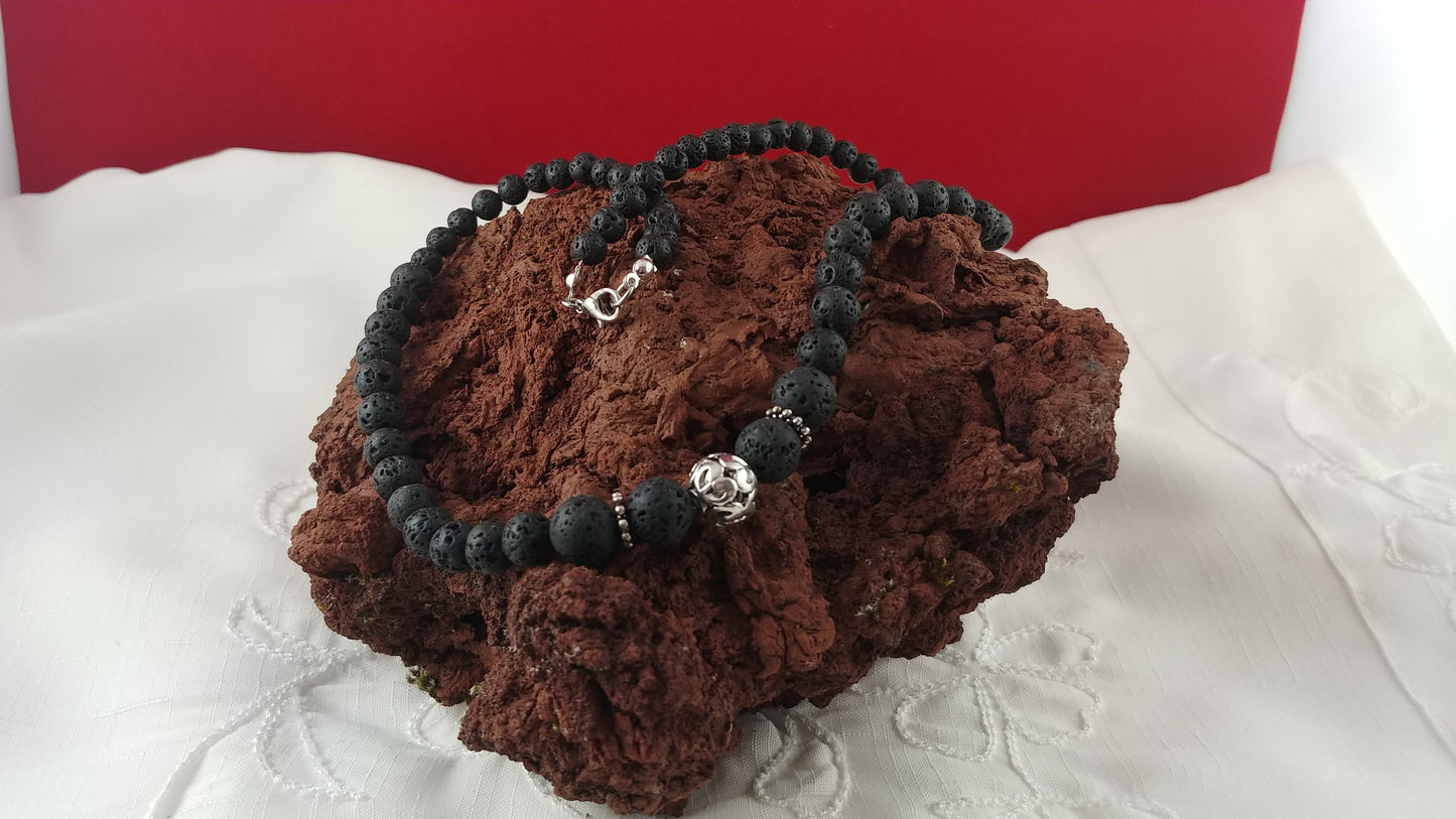 Lava Stone Necklace with Tibetan Silver Charm