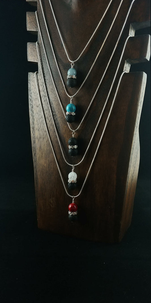 Necklace with 10mm Lava Stone - Crystal Rhinestone - Spacer Bead || 5 Colors to select from