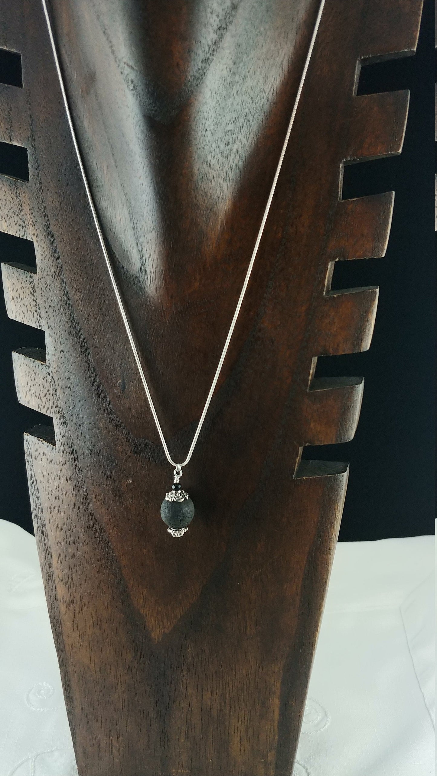 Lava Stone Necklace with Tibetan Silver and Black Glass Bead - 14mm Lava Stone