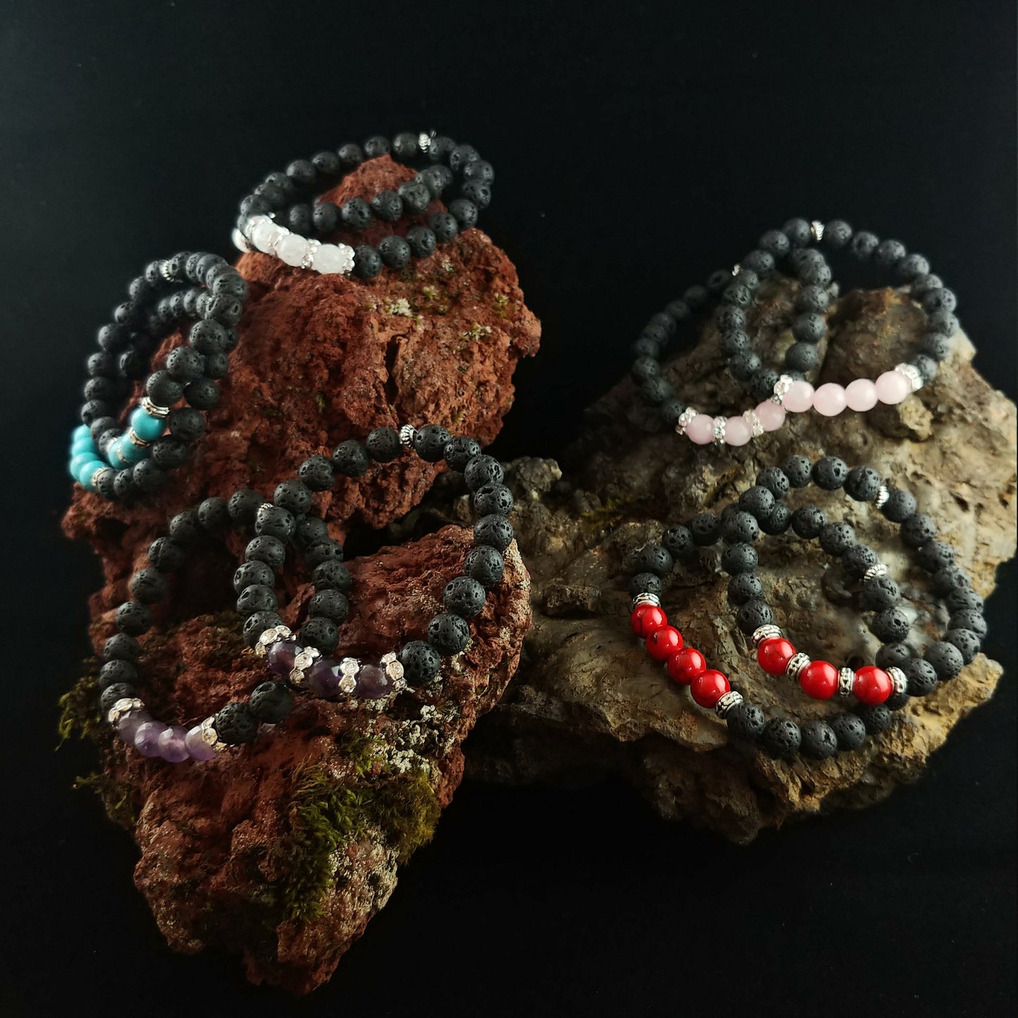 Ice Bracelet - Handmade Lava Bracelet with Crackle Crystal Beads and Rhinestone Spacers - Handmade In Iceland