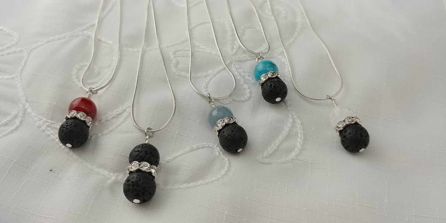 Necklace with 10mm Lava Stone - Crystal Rhinestone - Spacer Bead || 5 Colors to select from