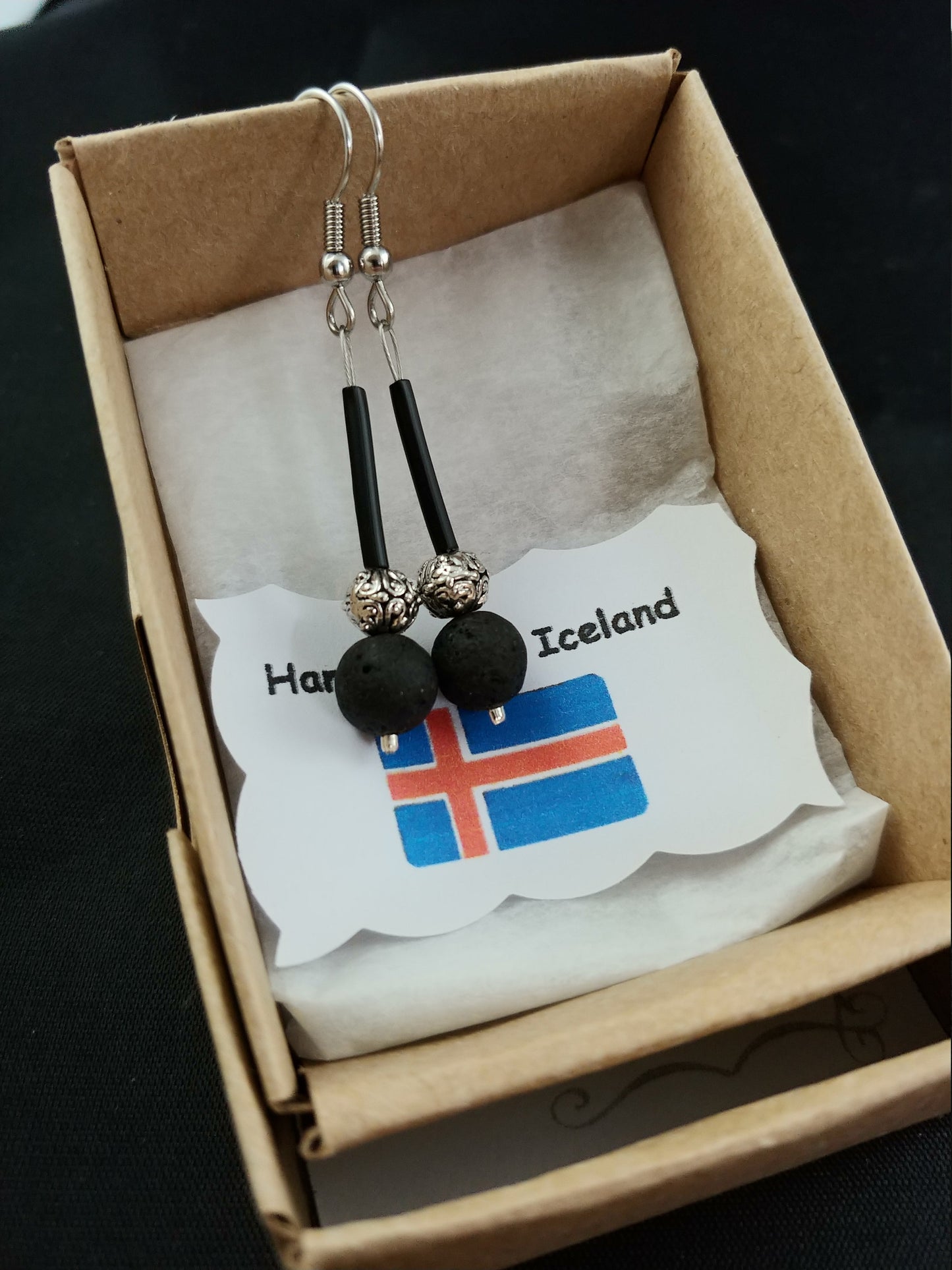 long lava earrings with spacer bead and long black tube