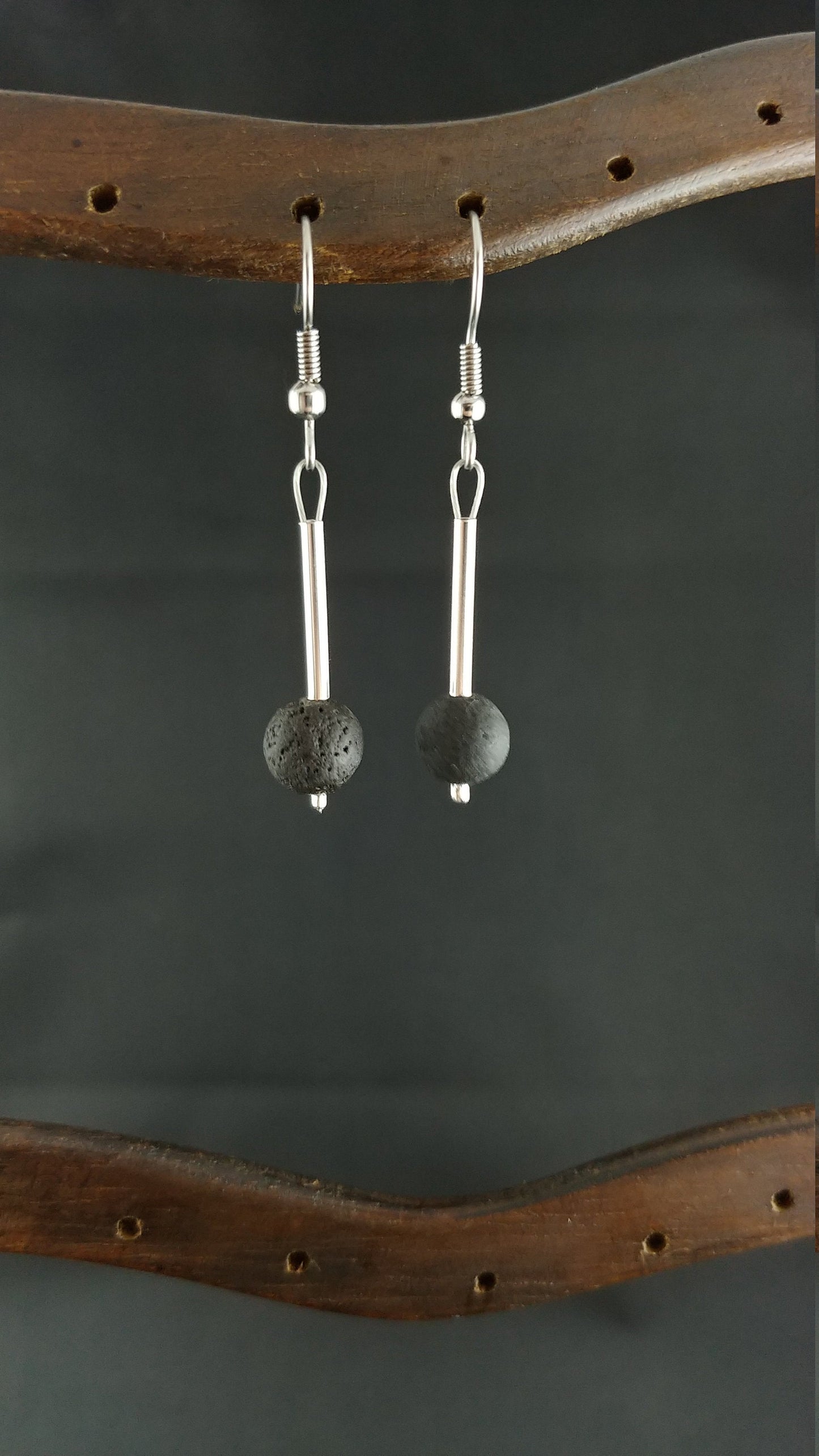 Polished Icelandic Lava Rock Earring with Silver Plated Tube Spacer